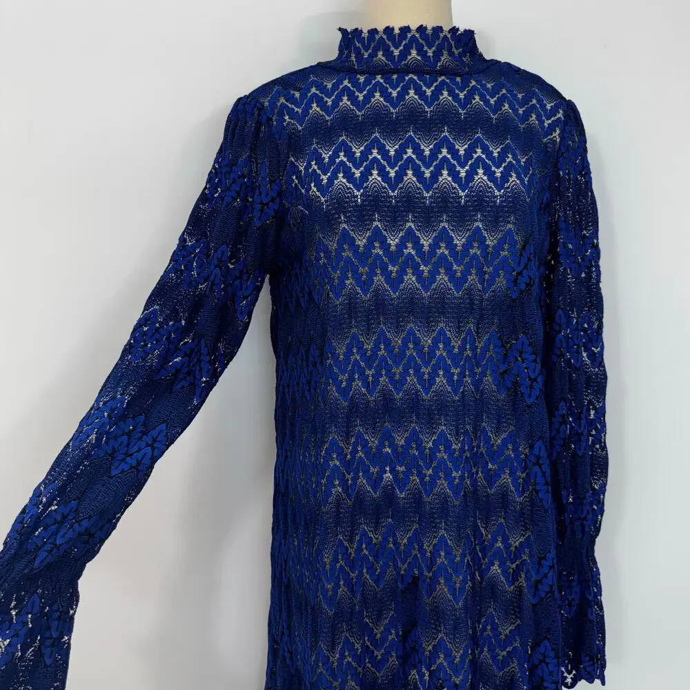 Free People Simone Lace Mini Dress Long Sleeve Zig Zag Cobalt Blue L No Slip
